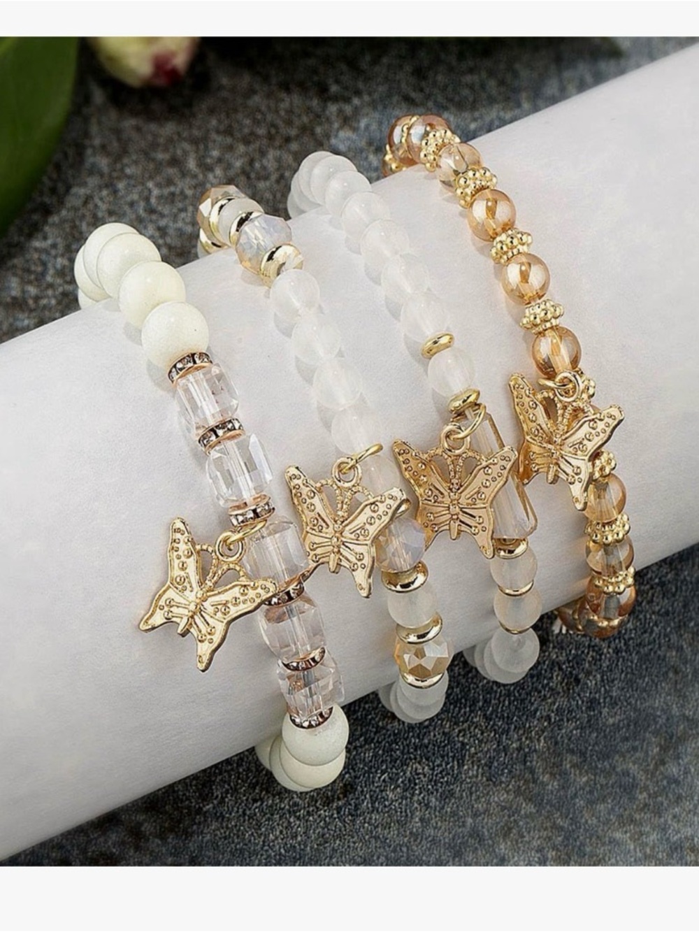 Boho Gold Butterfly Charm Beaded Bracelet Set Stack Cream Amber 4PC Stretch New - Picture 9 of 12
